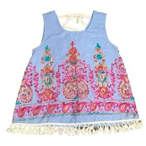 Entro Chambray Embroidered Tassel Hem Sleeveless Blouse Sz L